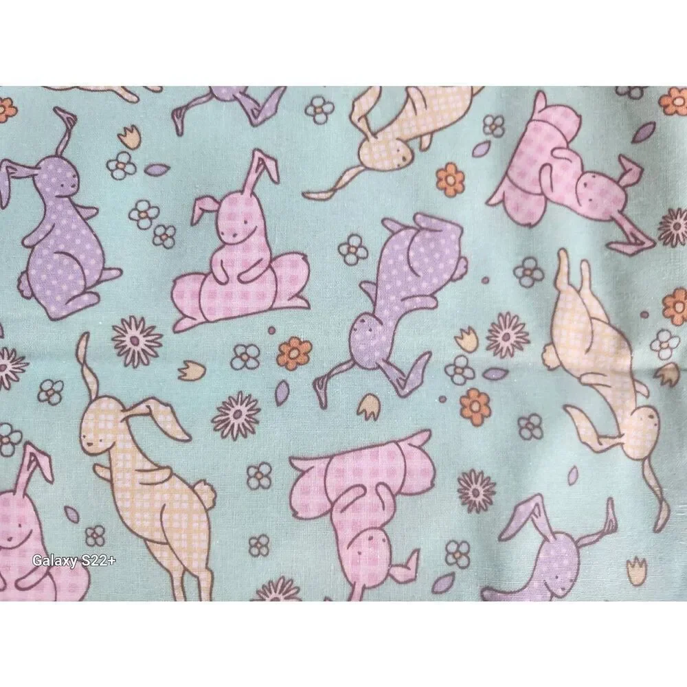 Bunny rabbit fabric green pink & purple pastel colors Baby blankets sewing craft